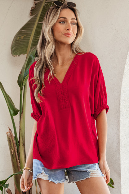 Racing Red Braided Trim V Neck Half Sleeve Blouse