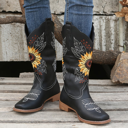 Women's Embroidered Mid Calf Western Boots, Faux Leather Fashion Boots, Women's Footwear
