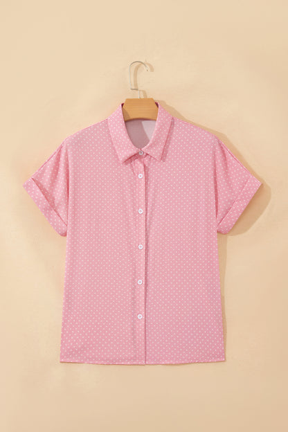 Pink Dotted Print Cuffed Short Sleeve Shirt