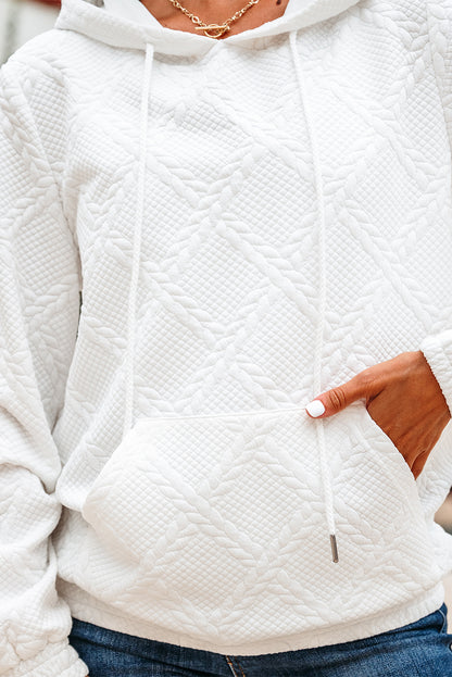 White Cable Lattice Texture Kangaroo Pocket Hoodie