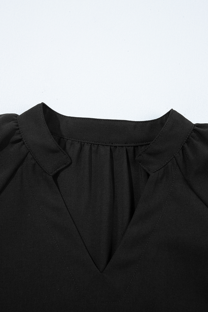 Black Bow Decor Puff Sleeve Split Neck Blouse