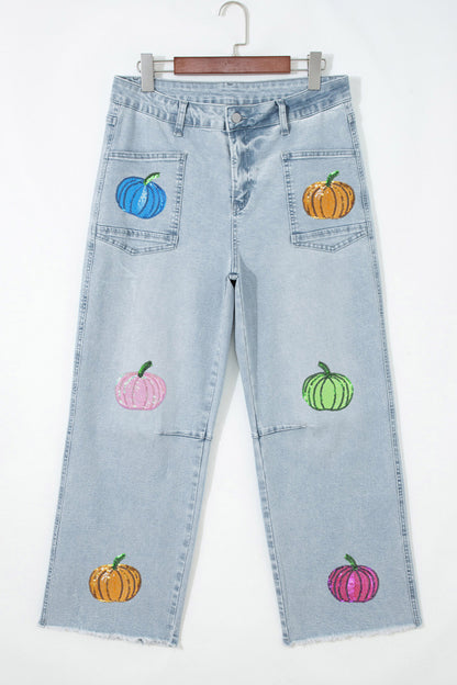 Beau Blue Sequin Pumpkin Patched Graphic Casual Shift Jeans