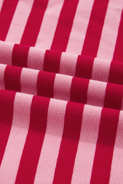 Strawberry Pink Mix Striped Drop Shoulder Patchwork Sleeve V Neck Pullover