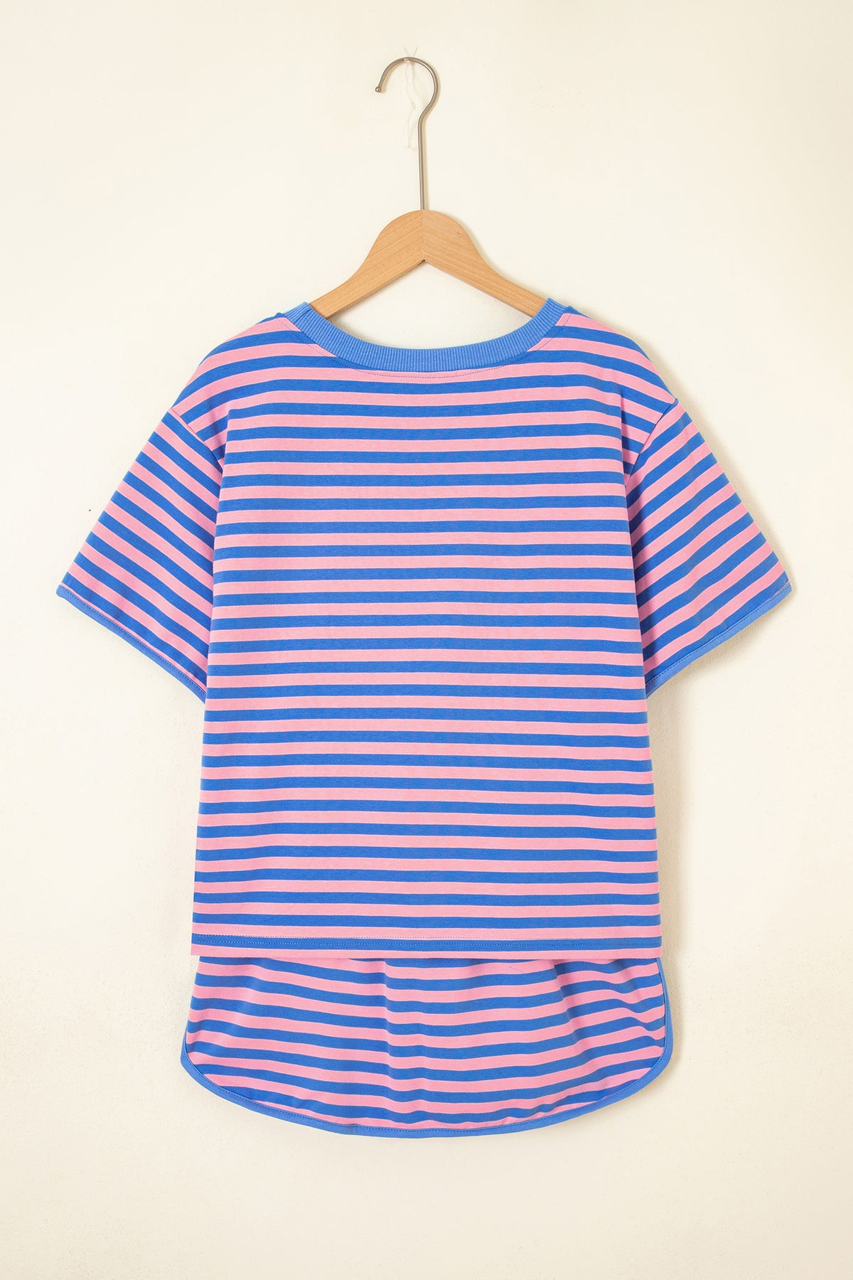 Pink Stripe Relaxed Short Sleeve Top Elastic Waist Drawstring Skort 2pcs Set