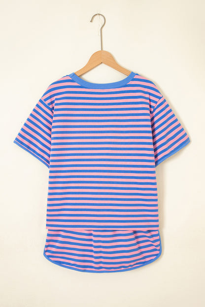 Pink Stripe Relaxed Short Sleeve Top Elastic Waist Drawstring Skort 2pcs Set