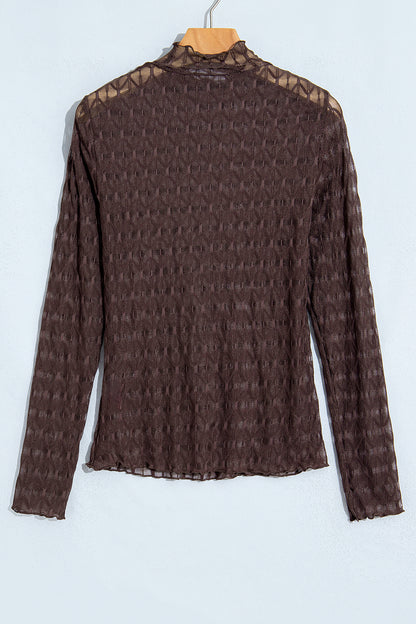 Chicory Coffee Sheer Textured Lace Stand Neck Long Sleeve Top
