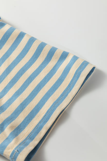 Sky Blue Stripe Contrast Crew Neck Drop Shoulder Loose Tee