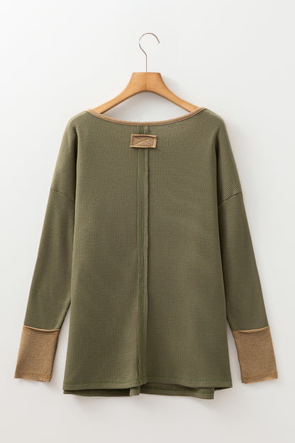Vineyard Green Color Block Waffle Textured Tunic Henley Top with Slits
