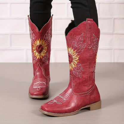 Women's Embroidered Mid Calf Western Boots, Faux Leather Fashion Boots, Women's Footwear