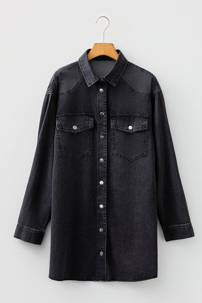 Medium Grey Beau Chest Pocket Raw Hem Denim Loose Shirt Dress
