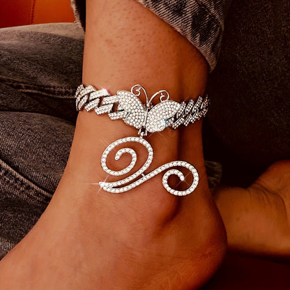 Trendy Shiny Butterfly Cursive Letter Cuban Chain Anklet For Women A-Z Letters Anklets Punk Hip Hop Style Sparkling Barefoot Jewelry
