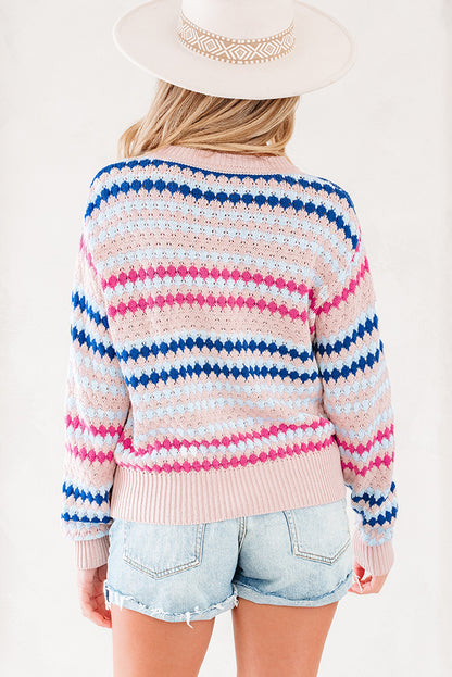 Brown Stripe Eyelet Patterned Drop Shoulder Sweater
