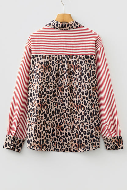 Racing Red Striped Leopard Print Patchwork Button Up Womens Shirt