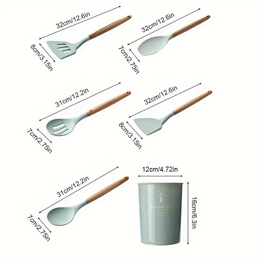 12pcs/set, Brodark, Silicone Cooking Utensils Set With Wooden Handle, Colorful Non-stick Pot Special Cooking Tools Set, Heat Resistant Turner, Tongs, Spatula, Spoon, Oil Brush And Whisk, Kitchen Supplies, Suitable For Restaur