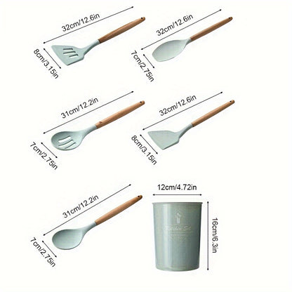 12pcs/set, Brodark, Silicone Cooking Utensils Set With Wooden Handle, Colorful Non-stick Pot Special Cooking Tools Set, Heat Resistant Turner, Tongs, Spatula, Spoon, Oil Brush And Whisk, Kitchen Supplies, Suitable For Restaur