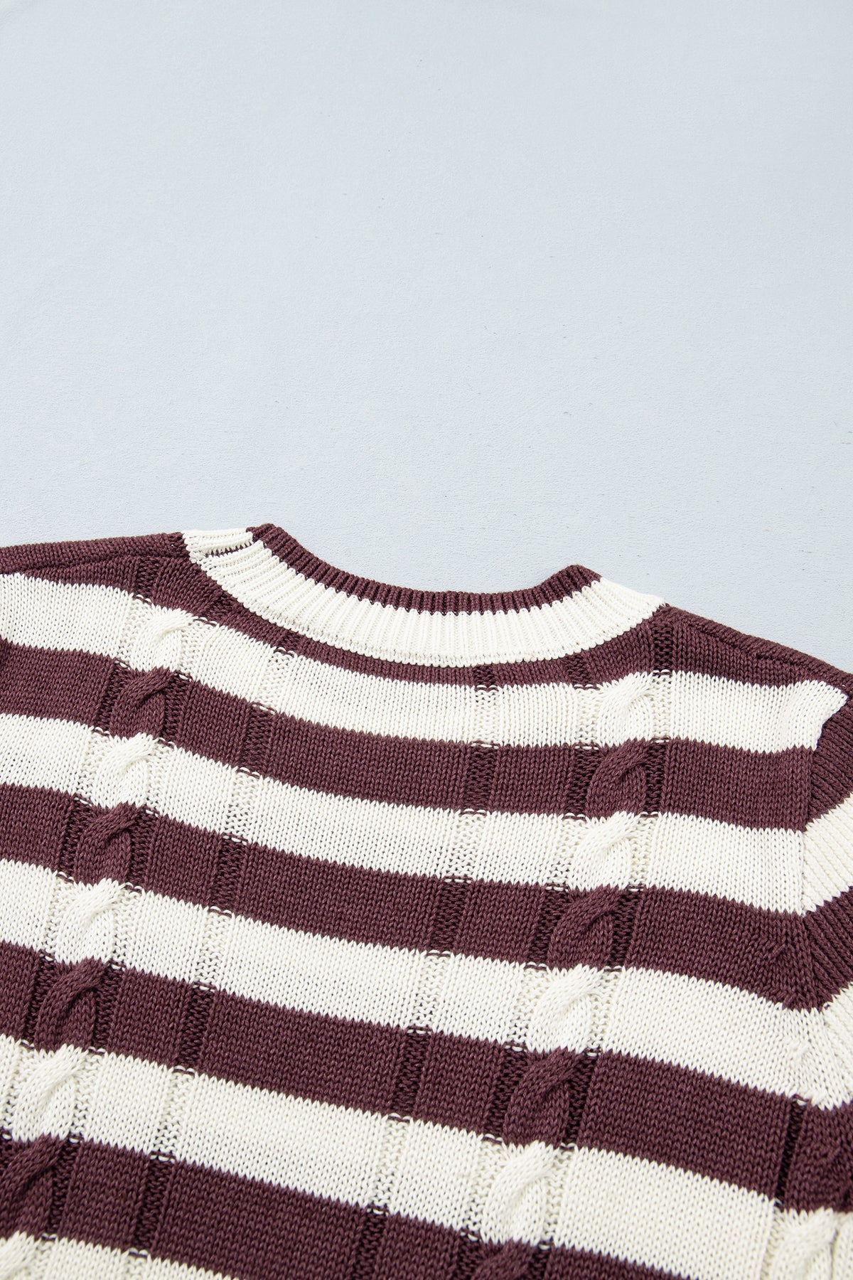 Brown Stripe Ribbed Knit Cable Detail Short Sleeve Sweater