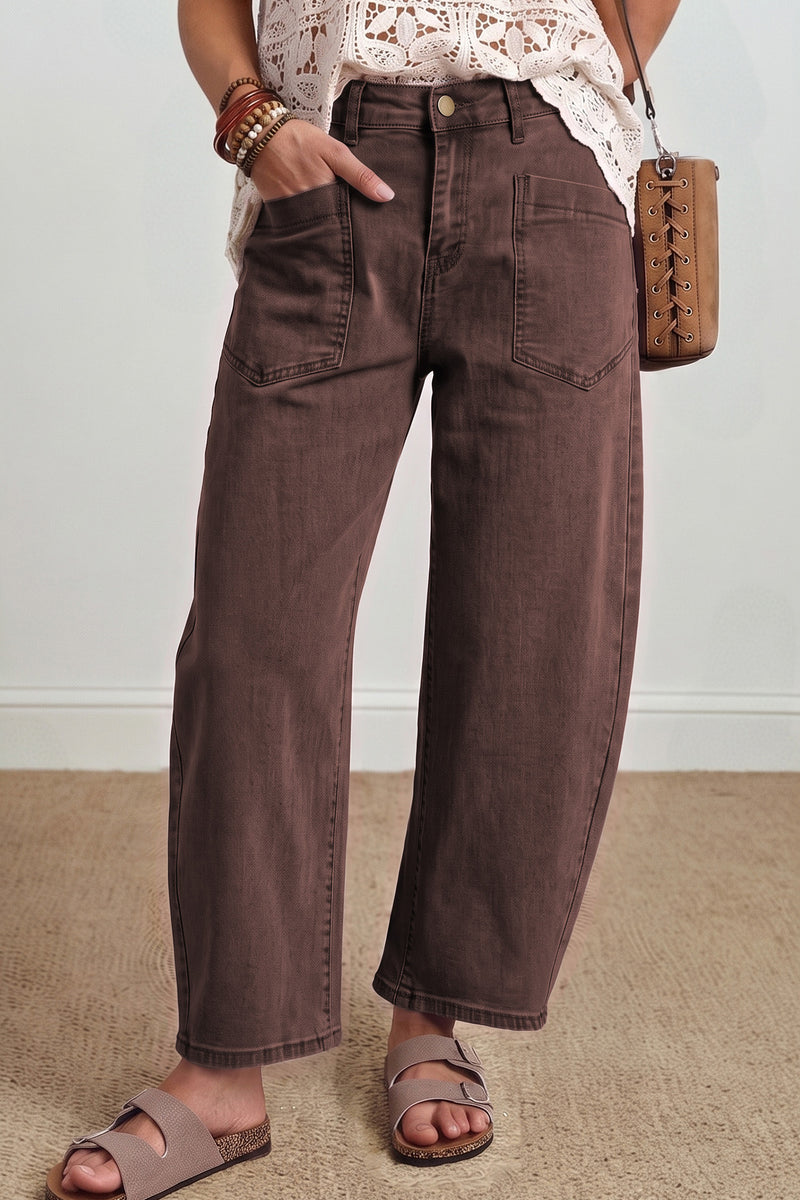 Coffee Solid Color Square Patch Pocket Ankle-length Barrel Jeans