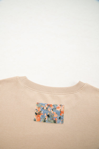 Smoke Gray Plaid Colorblock Patchwork Sleeve Raw Seam Sweatshirt