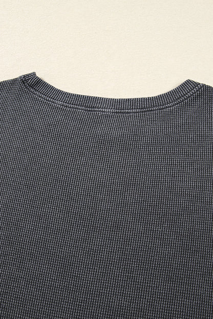 Dark Grey Waffle Knit Patchwork Long Sleeve Loose Top