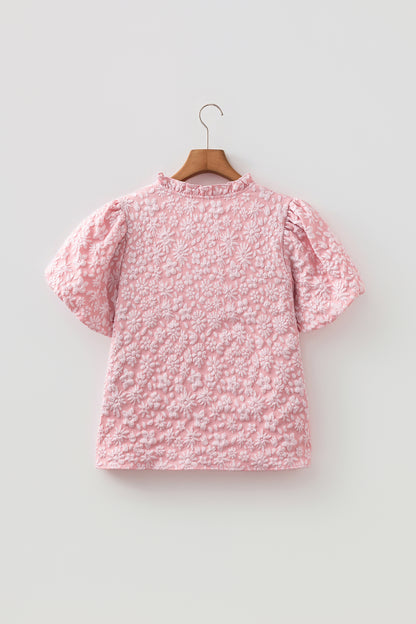Apricot Pink Floral Textured Jacquard Puff Sleeve Blouse