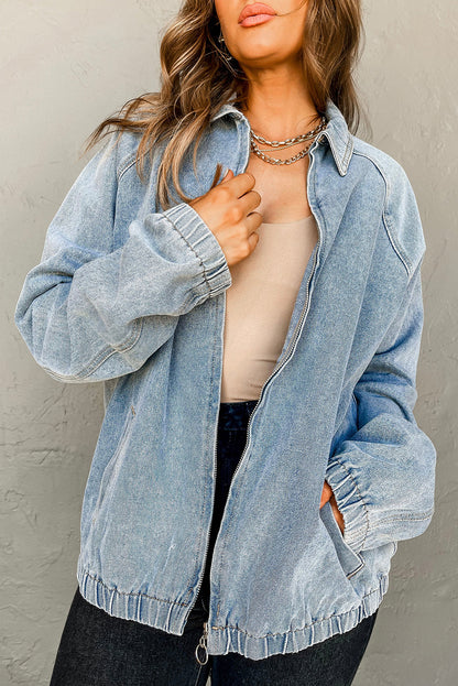 Myosotis Elastic Edge Collared Zip Up Denim Jacket With Pocket