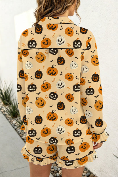 Orange Long Sleeve Ruffle Pumpkin Face Print Two Piece Lounge Set