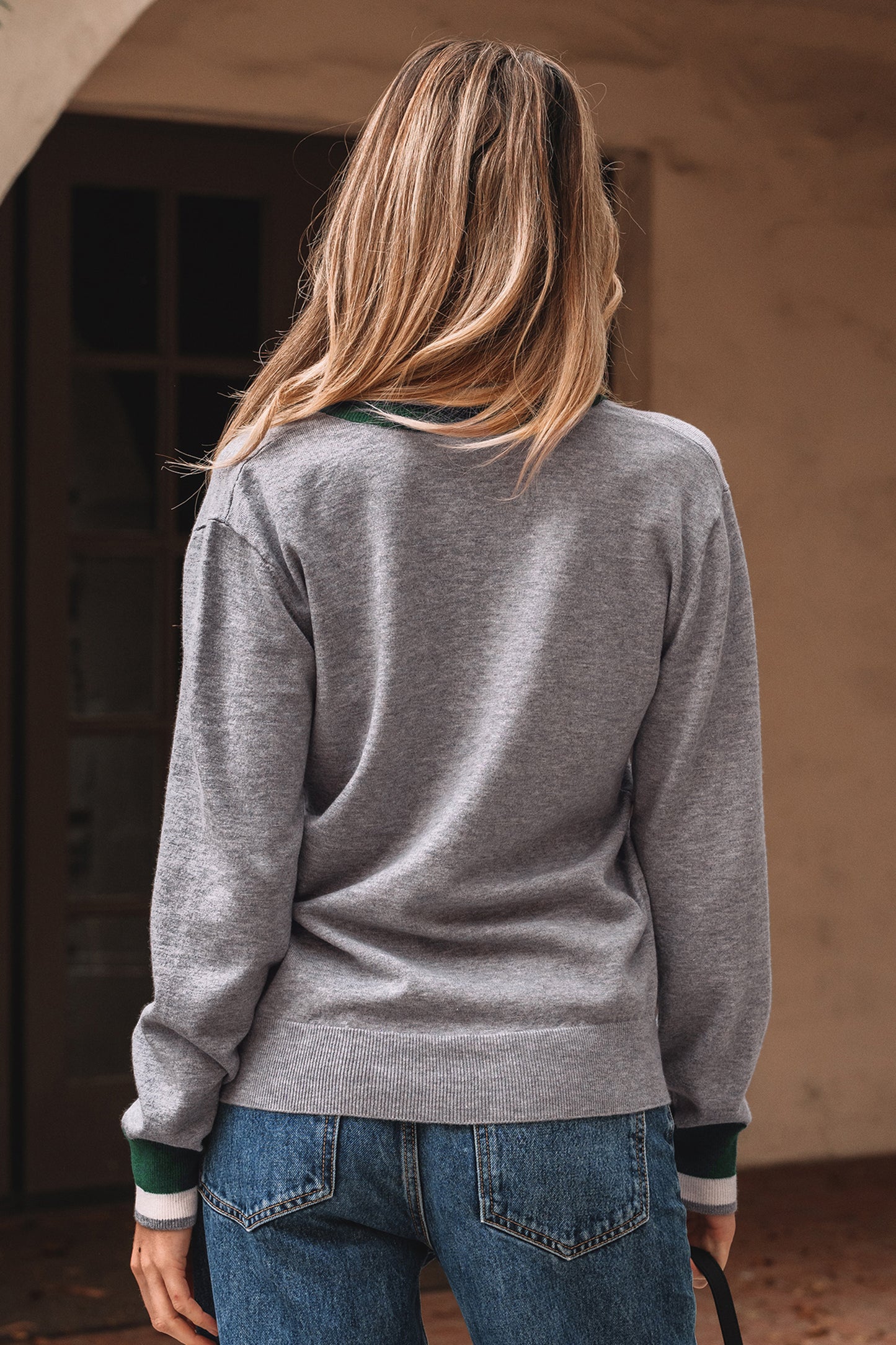 Dark Khaki Contrast Striped Trim V Neck Varsity Sweater