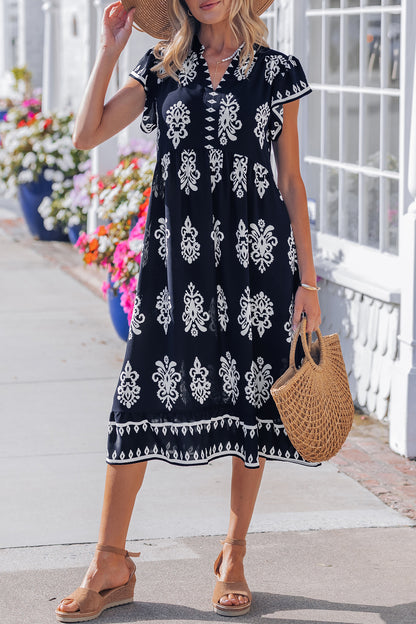Blue Western Ethnic Print Notched Neck Short Sleeve Midi Dress