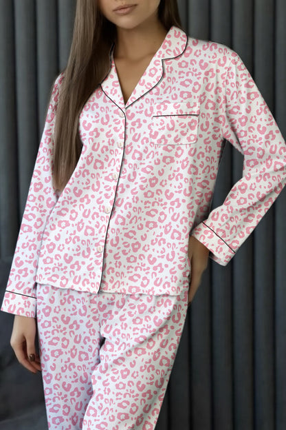 Pink Leopard Print 2cps Long Pajama Set
