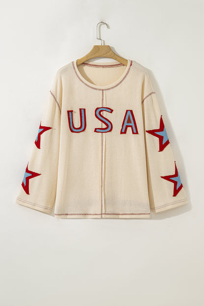 Beige USA Star Contrast Patchwork Exposed Seam Long Sleeve Top