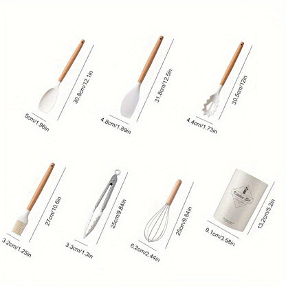 12/14pcs/set Premium Wooden Handle Silicone Kitchenware Set - Heat-Resistant, Non-Stick, Easy-to-Clean Cooking Tools for Baking, Cooking, and Serving - Durable, Versatile, and Space-Saving Kitchen Essentials