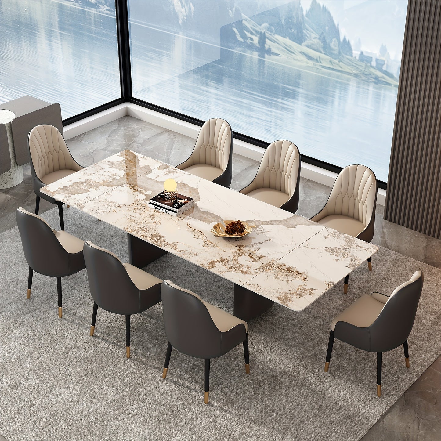 1pc Modern Extendable Dining Table, Rectangular Sintered Stone Top With Stainless Steel Legs, Seats 6-10 People, Adjustable Length 63''-94.5'', Ideal For Kitchen & Dining Room Decor