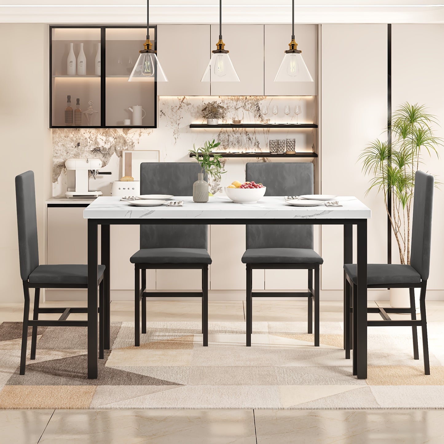 5 Piece Dining Table & Chair Set with 4 Velvet Upholstered and Density Sponge Padded Dining Chairs, Modern Style Kitchen Table Furniture Set with Faux Marble Table Top, 4-Person Metal and Wood Breakfast Nook Dinette Set for K