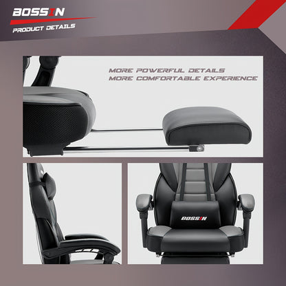 BOSSIN Gaming Chair With Massage, PU Leather Computer Desk Chair With Footrest And Headrest, Ergonomic Heavy Duty Design, Large Size High-Back E-Sports - For Gamers - Suitable for Long Hours of Gaming - Perfect Gift for Gamer