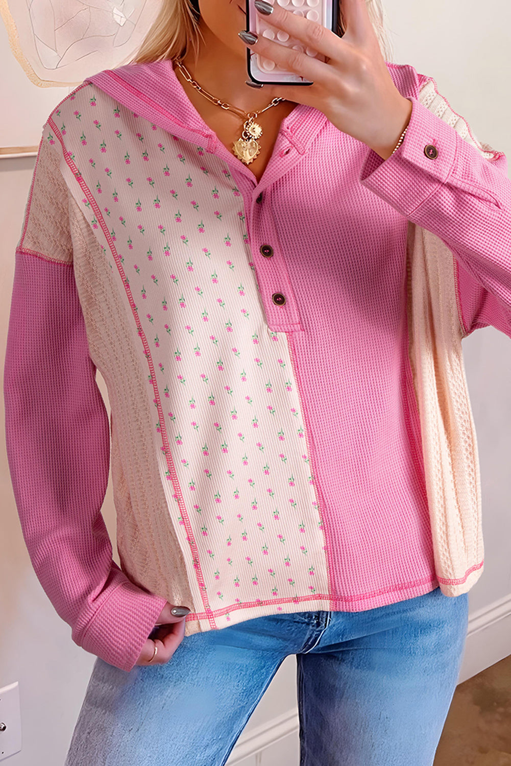 Pink Mixed Texture Waffle Floral Patchwork Hooded Oversize Pullover