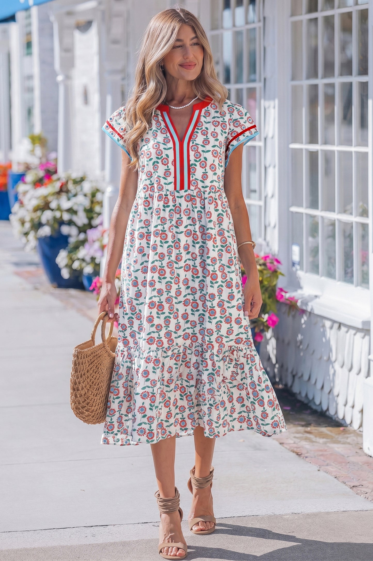 Red Cute Sunflower Printed Striped Patchwork Trim Flutter Sleeve Long Dress