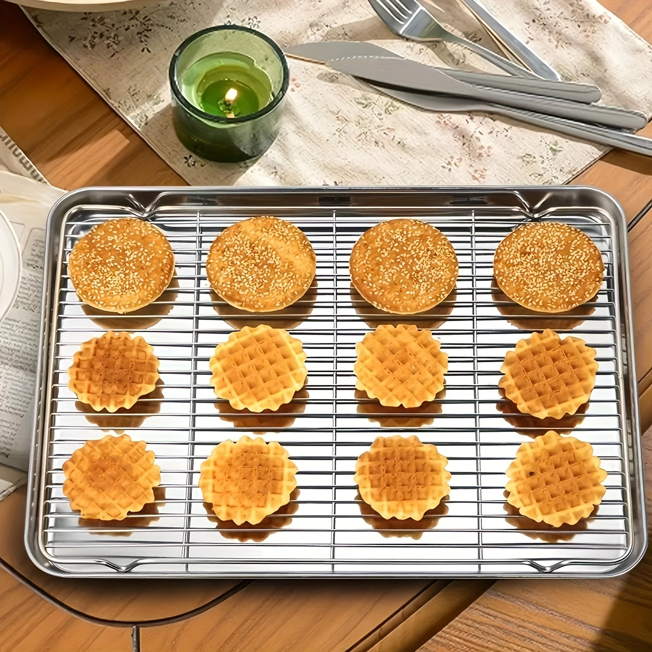 1pc Baking Sheet And Rack, Stainless Steel Cookie Sheet, Baking Pan Tray with Cooling Rack, Toxic & Healthy, Free & Dishwasher Safe, for Outdoor Picnic Party BBQ Accessories Kitchen Accessories
