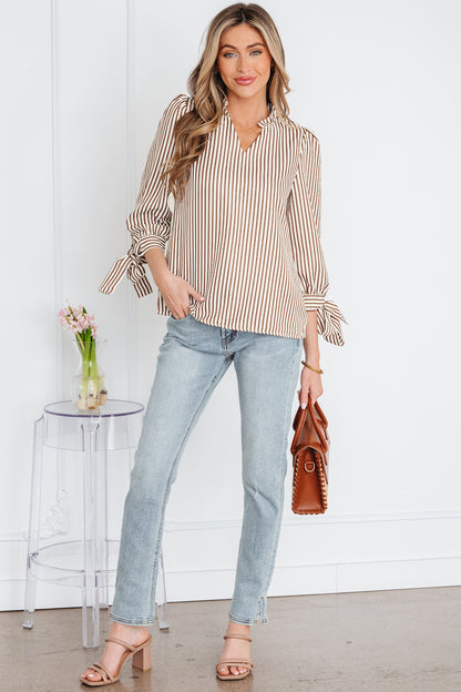 Straw Yellow Striped Print Tied Cuffs Split Neck Seersucker Blouse