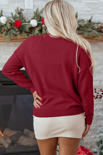 Racing Red Merry Colorful Dot Detail Christmas Drop Shoulder Sweater