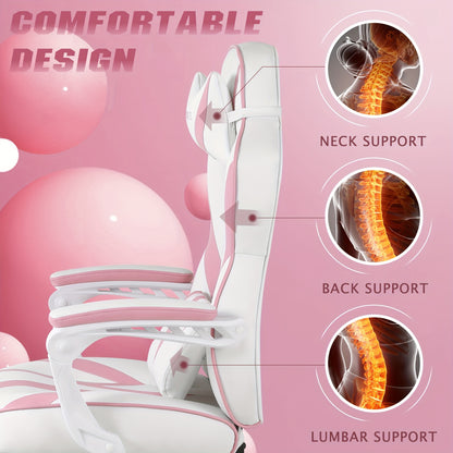 ZEANUS Pink Gaming Chair for Adults & Girls - Ergonomic High Backrest with Massage, Reclining Swivel Office Computer Chair, Racing Style Design with Footrest & Adjustable Armrests, Metal Frame & Soft Foam Padding, Bright Pink