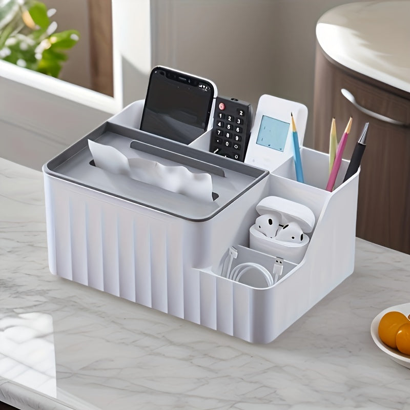 Multi-Purpose Desktop Organizer with Flip Lid - Plastic Wipes Dispenser, Tissue Box Holder for Office, Bedroom, Bathroom & Kitchen Storage