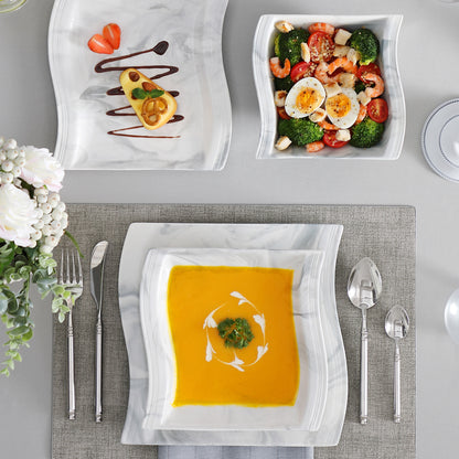 16pcs Luxurious Marble Grey Dinnerware Set - Chip-Resistant Porcelain Plates & Bowls - Complete Square Tableware Service for 4 - Ideal for Home, Restaurants & Hotels