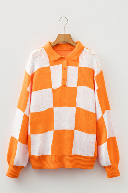 Mist Green Checkered Pattern Polo Collar Loose Sweater