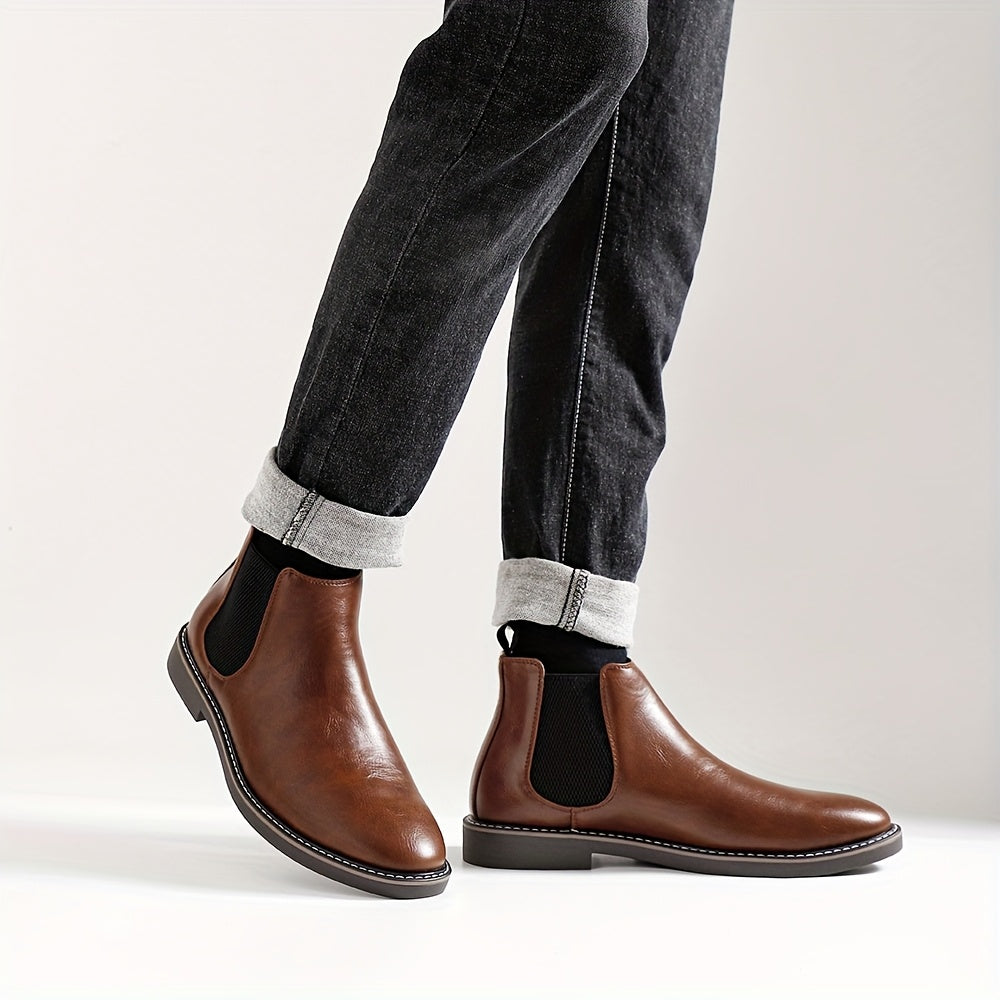 Men'S Chelsea Ankle Boots - Size 40-46, Brown Faux Cover with Black Elastic Band, Pointed Toe, TPR Sole, Ideal for Casual Wear and Vacation