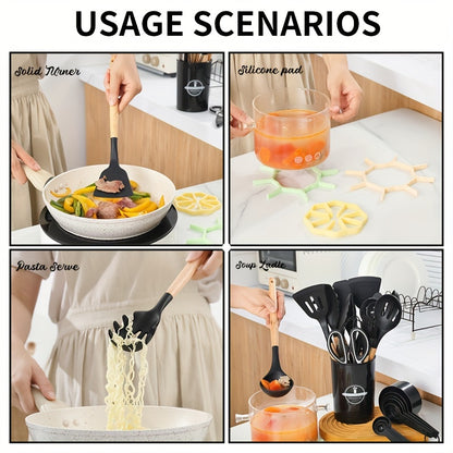 12/pcs, 37pcs, BPA FREE Silicone Cooking Utensils Set With Wooden Handle, Colorful Non-stick Pot Special Cooking Tools Set, Heat Resistant Turner, Tongs, Spatula, Spoon, Oil Brush And Whisk, Kitchen Supplies, Kitchen Supplies