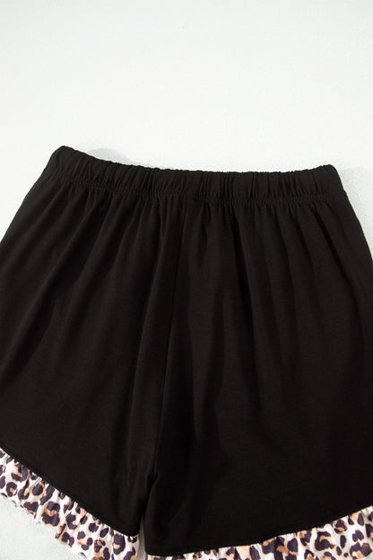 Black Leopard Patchwork Trim Lapel Shirt Drawstring Shorts 2pcs Pajama Set
