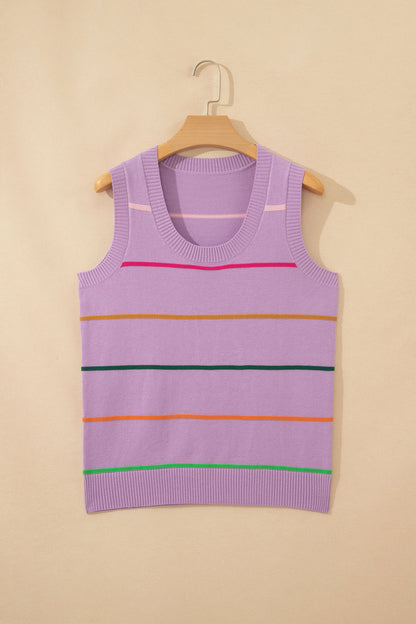 Green Stripe Round Neck Knitted Sweater Tank