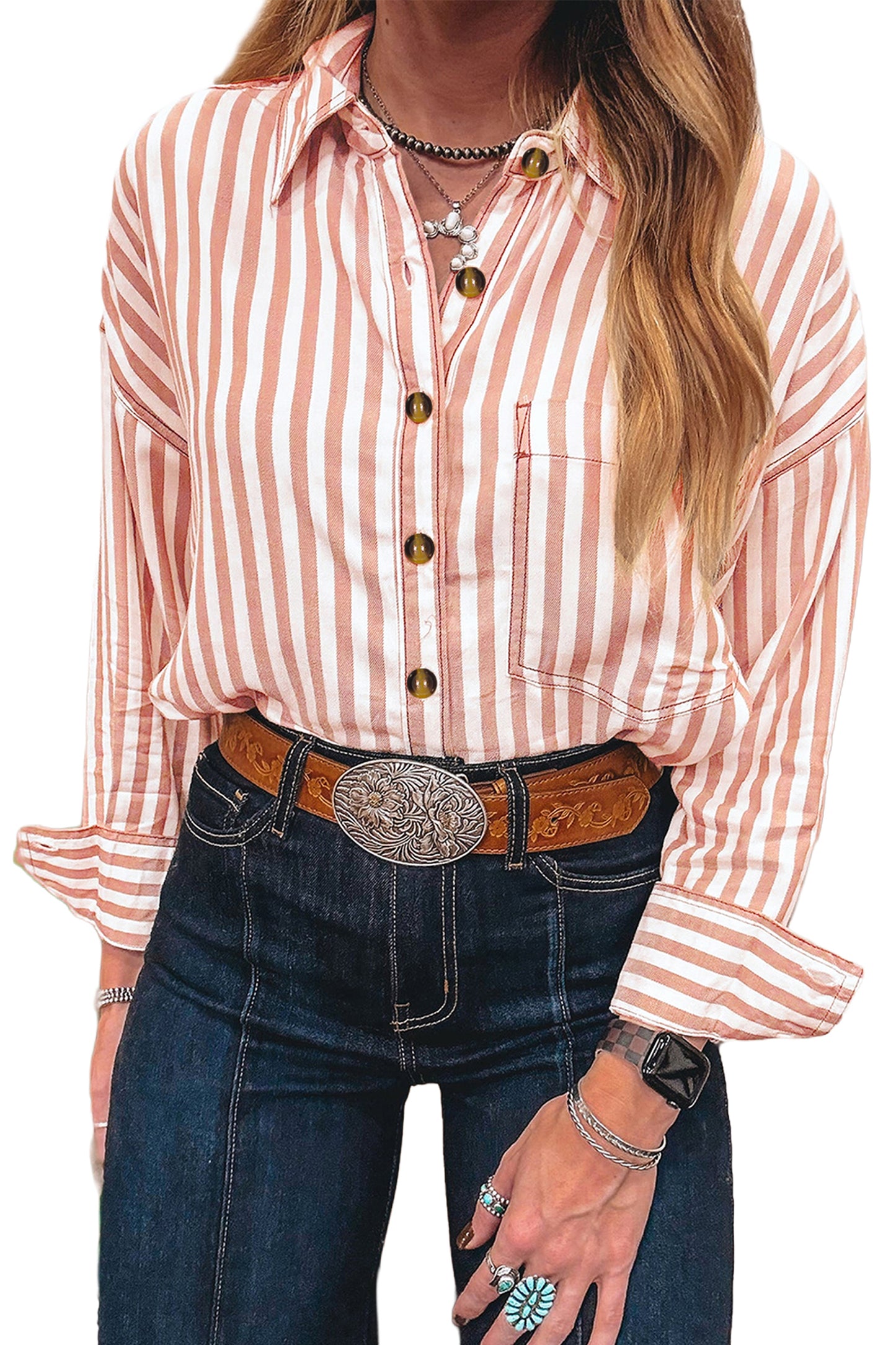 Brown Stripe Western Button Down Long Sleeve Casual Shirt