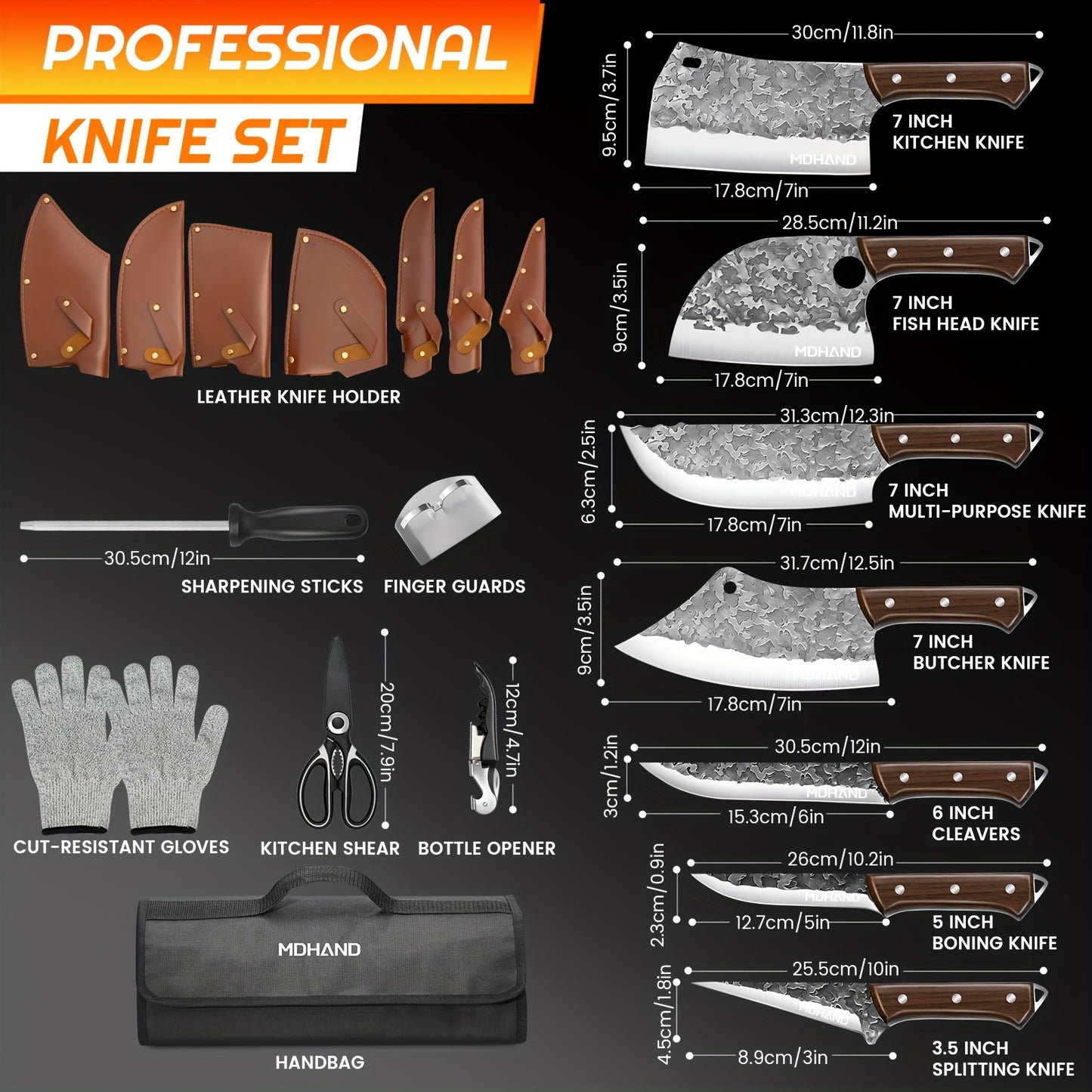 Professional 14pcs Kitchen Chef Knife Set Includes Roll Bag 3-7 Inch, Butcher, Cleaver, Boning, Utility, Splitting Knives for Meat Cutting Fruit Vegetable, High Carbon Stainless Steel Ultra Sharp, with Ergonomic Wood Handle,