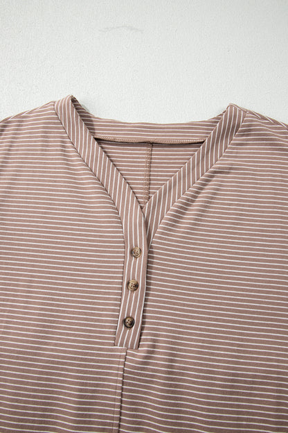 Khaki Stripe Buttoned V Neck High Low Side Slit T Shirt